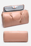 A large, beige-colored Smart No-Wrinkle Foldable Travel Bag by The Windbreaker Jacket is shown from two angles. The top view reveals a light gray interior flap with a small pocket inside the zippered main compartment and two handles. The bottom view shows the Waterproof PU leather bag closed, seamlessly combining style and utility.